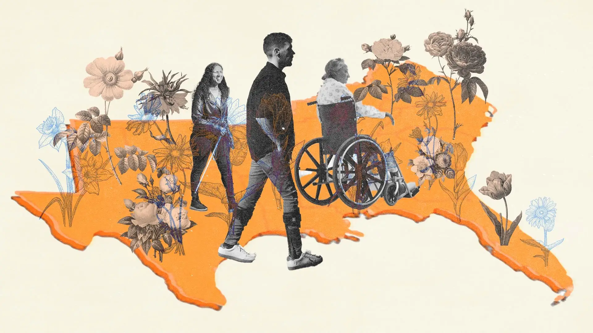 Collage of disabled people over an orange map of the American South